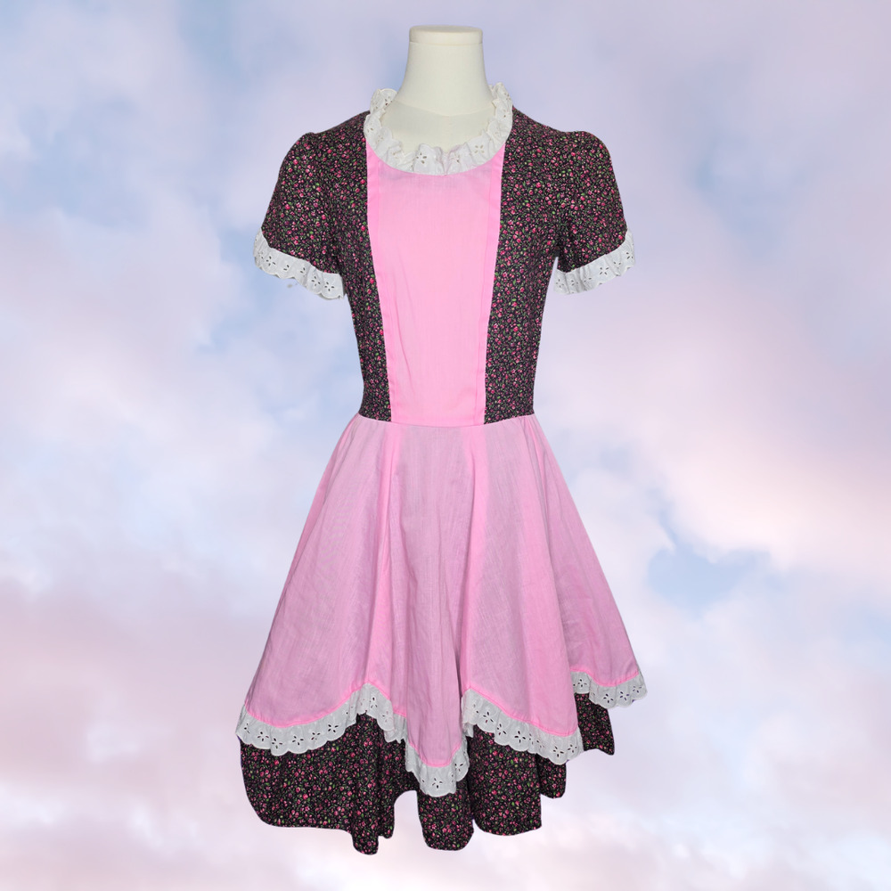 Vtg 60s Handmade Pink Black Square Dance Cottage Cotton Flowy Ruffle Dress Sz XS